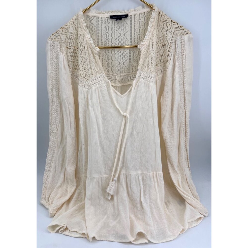 American Eagle Womens XS Cream Boho Blouse‎ With Lace Detail